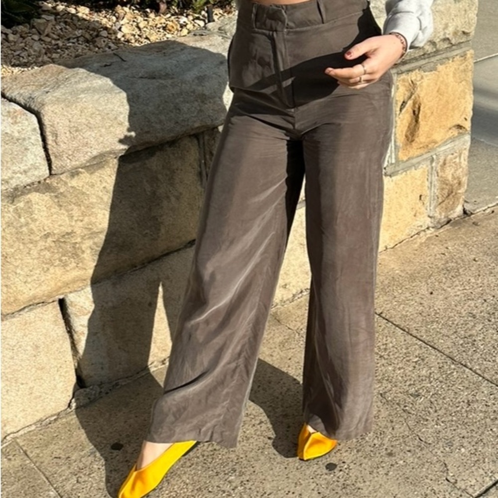 silky olive green wide leg pants